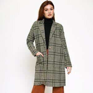 MYSTREE Plaid Longline Coat, Olive Green Grey Check Blazer Jacket, Classic